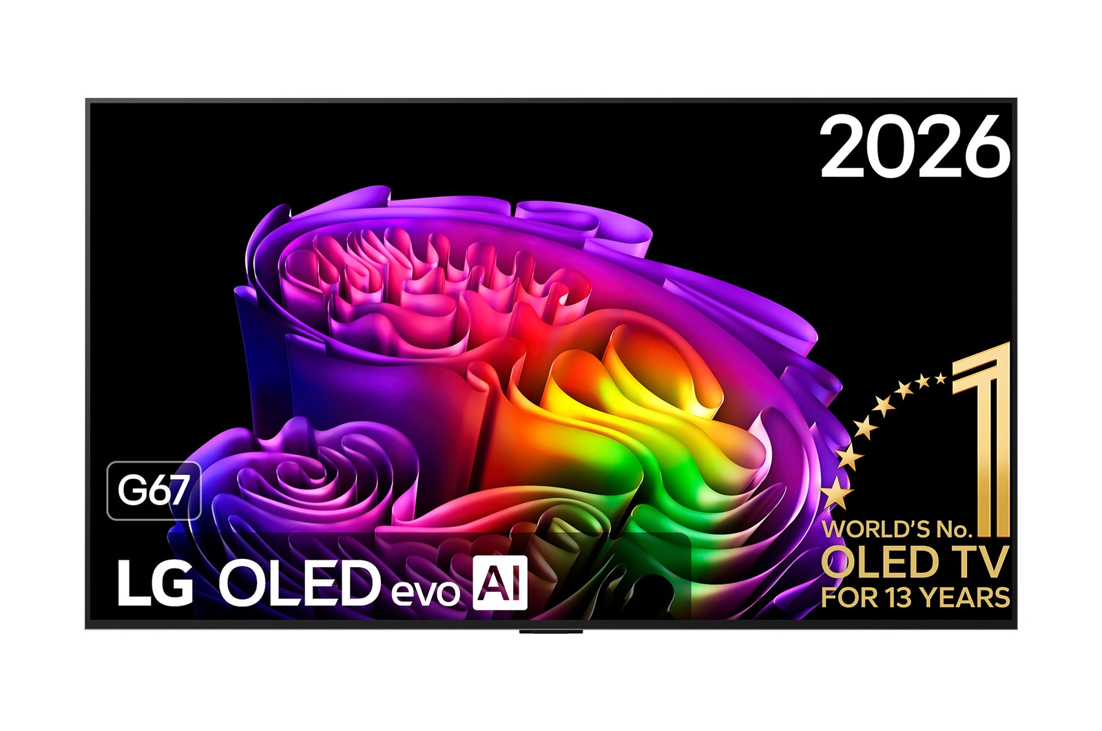 Vooraanzicht van 65 inch LG OLED evo AI G6 4K Smart TV 2026 OLED65G67LW